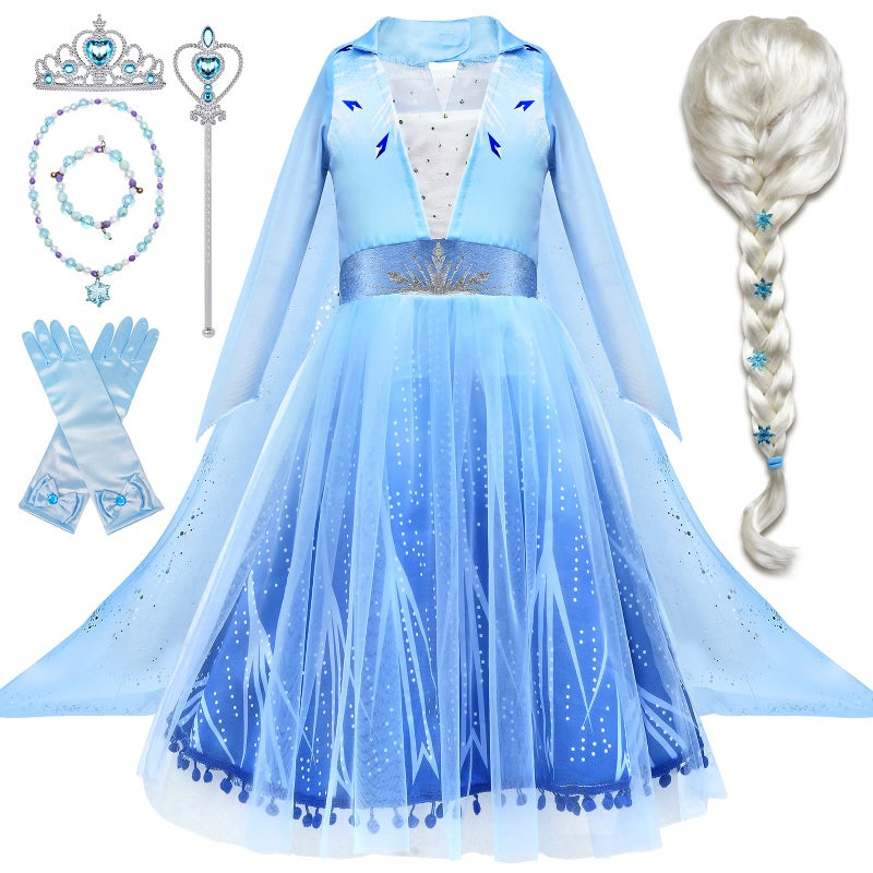 Tacobear 10Pcs Frozen Elsa Costume Dress For Girls Kids Toddler Princess Dress Up Clothes For Little Girls With Elsa Accessories Gloves Crown Wands Wig Necklace For 3T Kids Christmas Birthday Party - Image 1